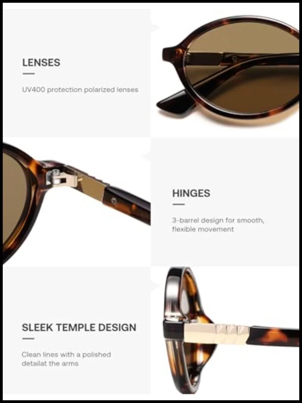 Polarized Retro Oval Sunglasses UV400 Protection Lightweight Plastic Frame
